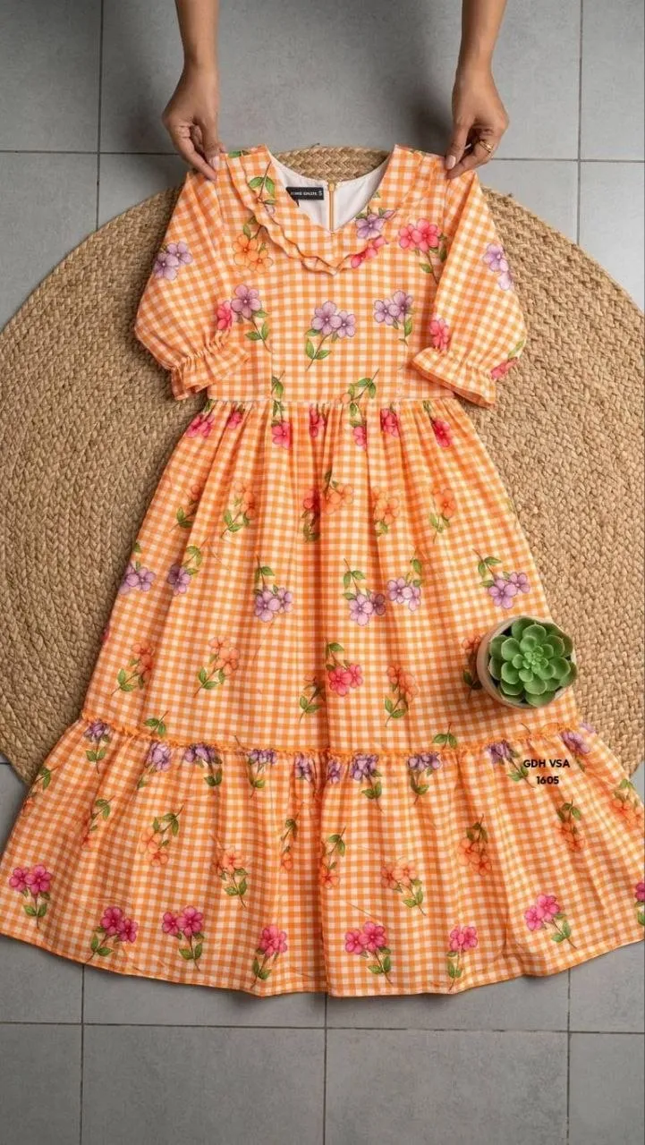Gingham Floral Cotton Maxi dress - Orange